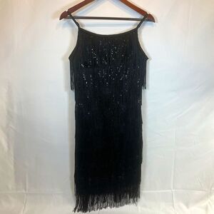 Women's Black Sequin Fringe Flapper Dress Knee Length Spaghetti Strap Size M